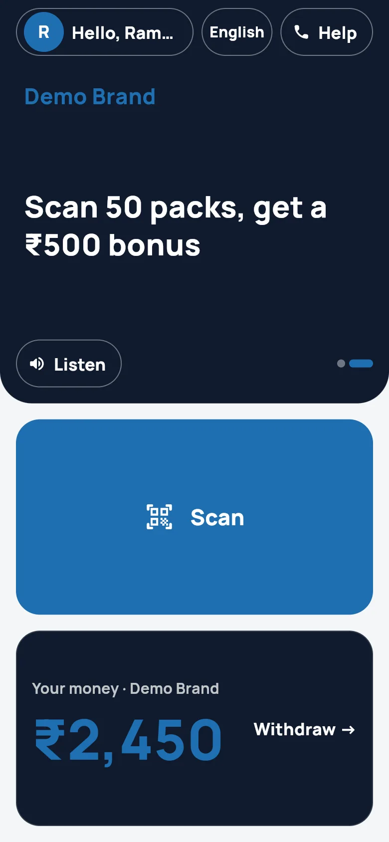 Home screen of the member app: promotions at the top, a large Scan button and the member's balance